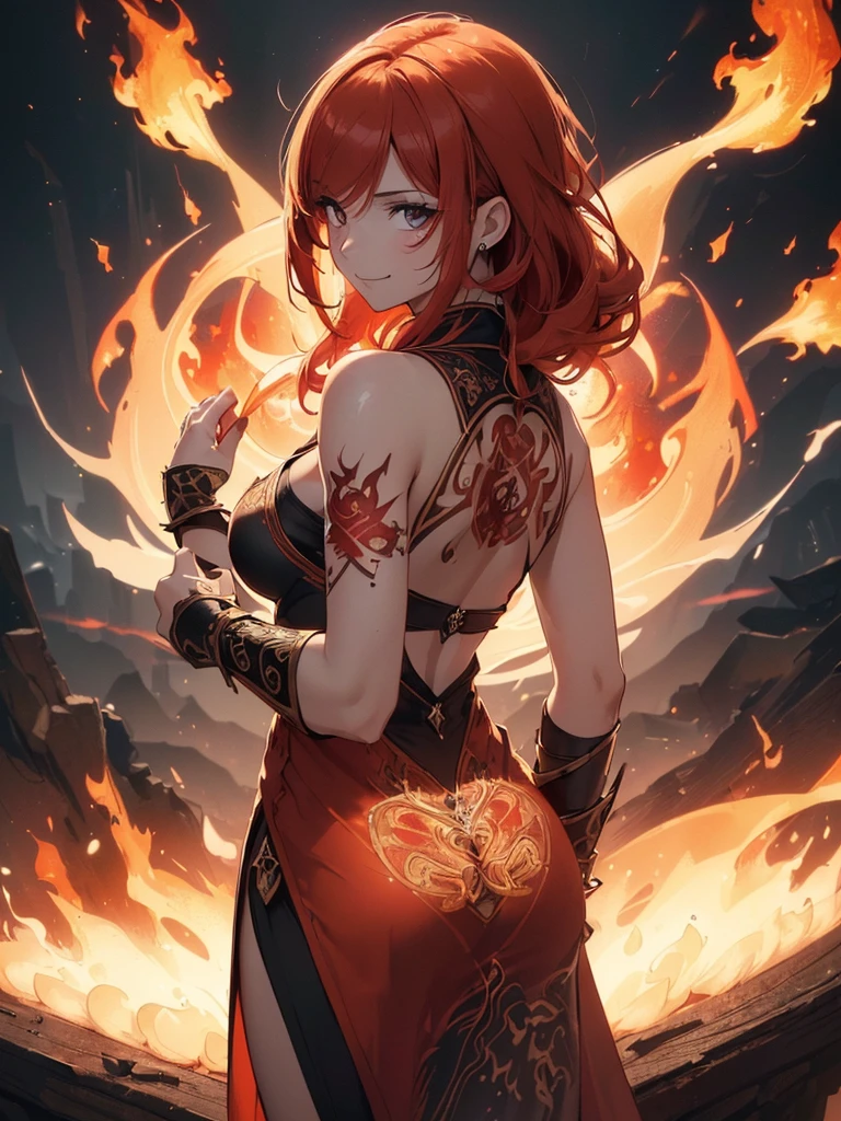 (((best quality, sharp image, clear image, cinematic lighting, 8k resolution, masterpiece, ultra detailed, intricate))) Girl, (((looking over left shoulder))), (shot from behind), fire mage, ((intricate background)), ((chaotic background)), red hair, smiling, ((flame runes, flame sigils)), (tatoo on back), slim figure, flying sigils, long dress