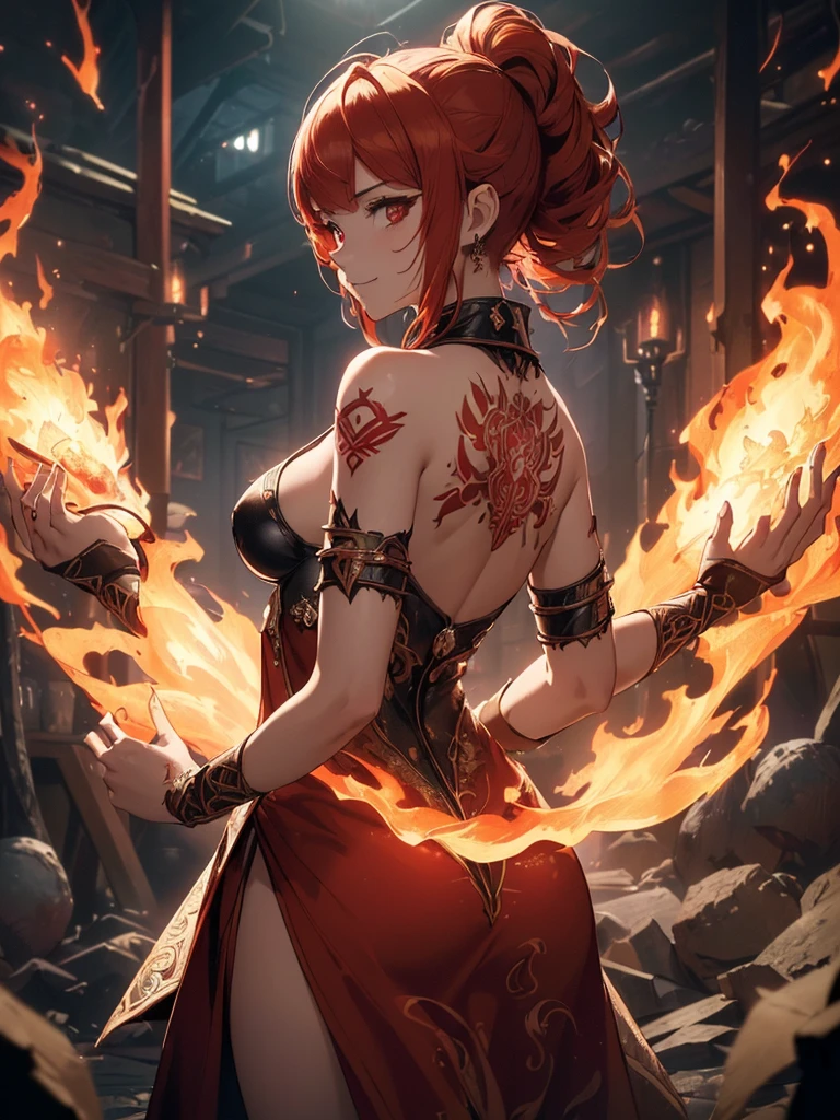 (((best quality, sharp image, clear image, cinematic lighting, 8k resolution, masterpiece, ultra detailed, intricate))) Girl, (((looking over left shoulder))), (shot from behind), fire mage, ((intricate background)), ((chaotic background)), red hair, smiling, ((flame runes, flame sigils)), (tatoo on back), slim figure, flying sigils, long dress