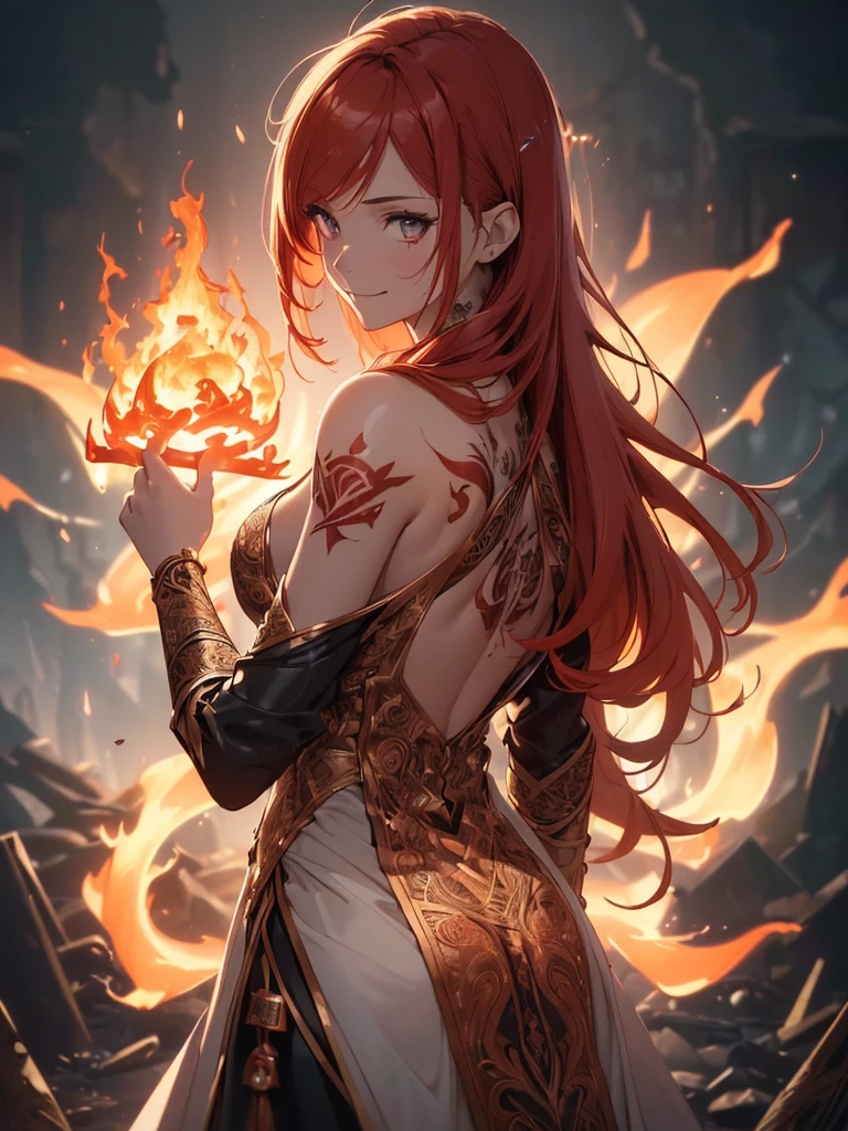 (((best quality, sharp image, clear image, cinematic lighting, 8k resolution, masterpiece, ultra detailed, intricate))) Girl, (((looking over left shoulder))), (shot from behind), fire mage, ((intricate background)), ((chaotic background)), red hair, smiling, ((flame runes, flame sigils)), (tatoo on back), slim figure, flying sigils, long dress