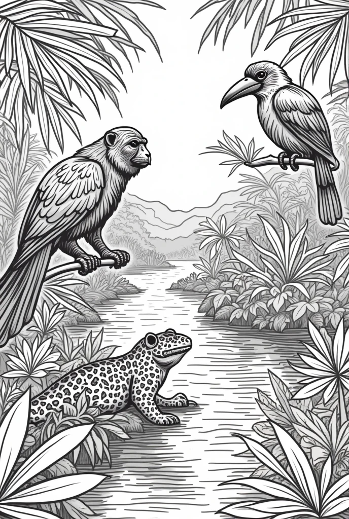 animals from the Amazon rainforest. Generate a series of black and white illustrations suitable for coloring books