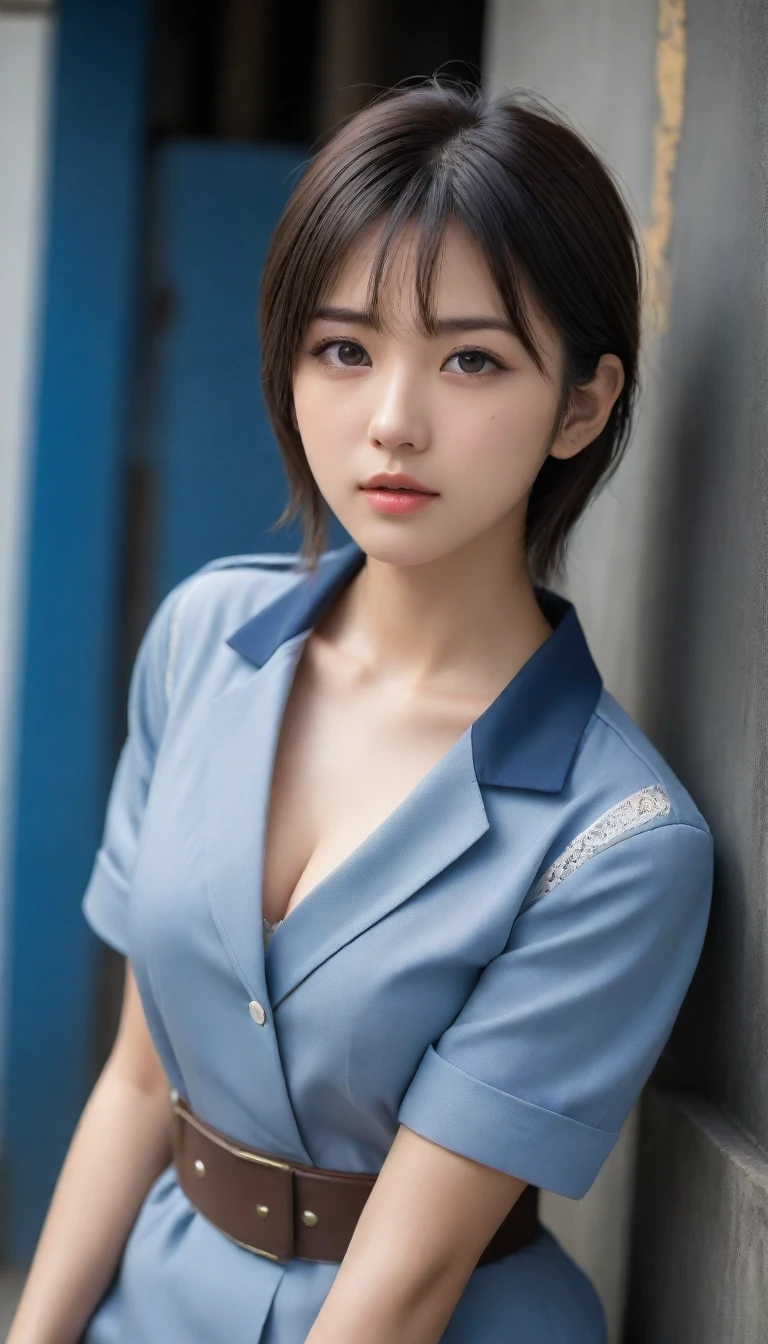 8k, Ultra-high resolution, Highest quality, masterpiece, 三分割法によるphotograph,Surreal, photograph, 1 , (:1.3), cute, cute顔, 細部までBeautiful Eyes, 細かくdetailedに,masterpiece,One Girl:1.2,Japanese women,student,cowboy shot,glaring,Black short hair,messy hair,(Dirty uniform:1.3),Leaning against the wire mesh,Glare,Blue Collar,Factory wall,(Beautiful attention to detail),Subtle details, detailedな顔,anger,Attractive eyes,(ポートレートphotograph:1.4),(Photorealistic images:1.4),Fantasy art,(Beautiful Face:1.4),美しくAttractive eyes、Beautiful Eyes、Grayscale 16Bits,(Tight waist:1.4)、(Beautiful with perfect body proportions:1.4),Pink Lips,Looking at the audience,(((Ideal body type))),A-cup small breasts :2,、Portraiture:2、Perfect Anatomy、鮮明なdetailed、detailed,Fashion magazine cover,Thin lips,完璧でBeautiful Face ,完璧でcute顔, Skin with attention to detail, Perfect limbs、Narrow waist,Surreal,Light and shadow,backlighting