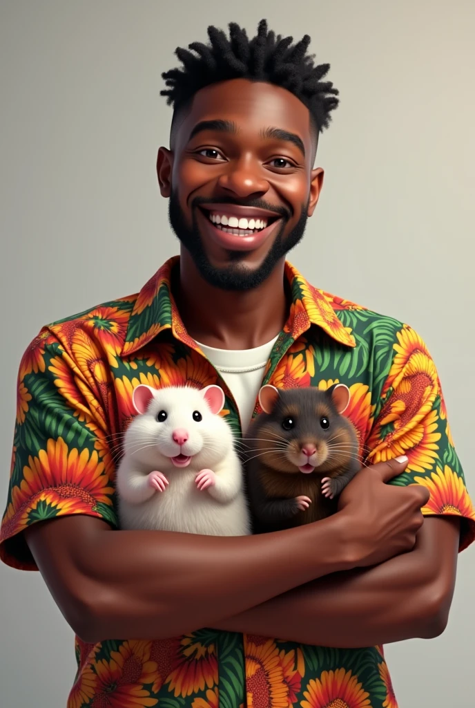 A young adult obese black man with very short curly hair smiling a lot and wearing a Brazilian shirt holding two hamsters, one with white fur and red eyes and the other with dark brown fur and black eyes