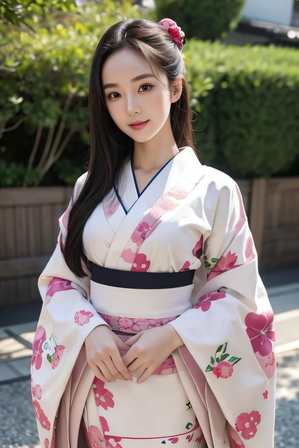 Top quality, 1 beautiful kawaii female model, japanese, front facing, Wide forehead, Wide forehead, thin eyebrows, Gravure model's body type, Large bust, Traditional Japanese kimono, high-quality clothing, wearing lux fashion, influencer, instagram, half smile