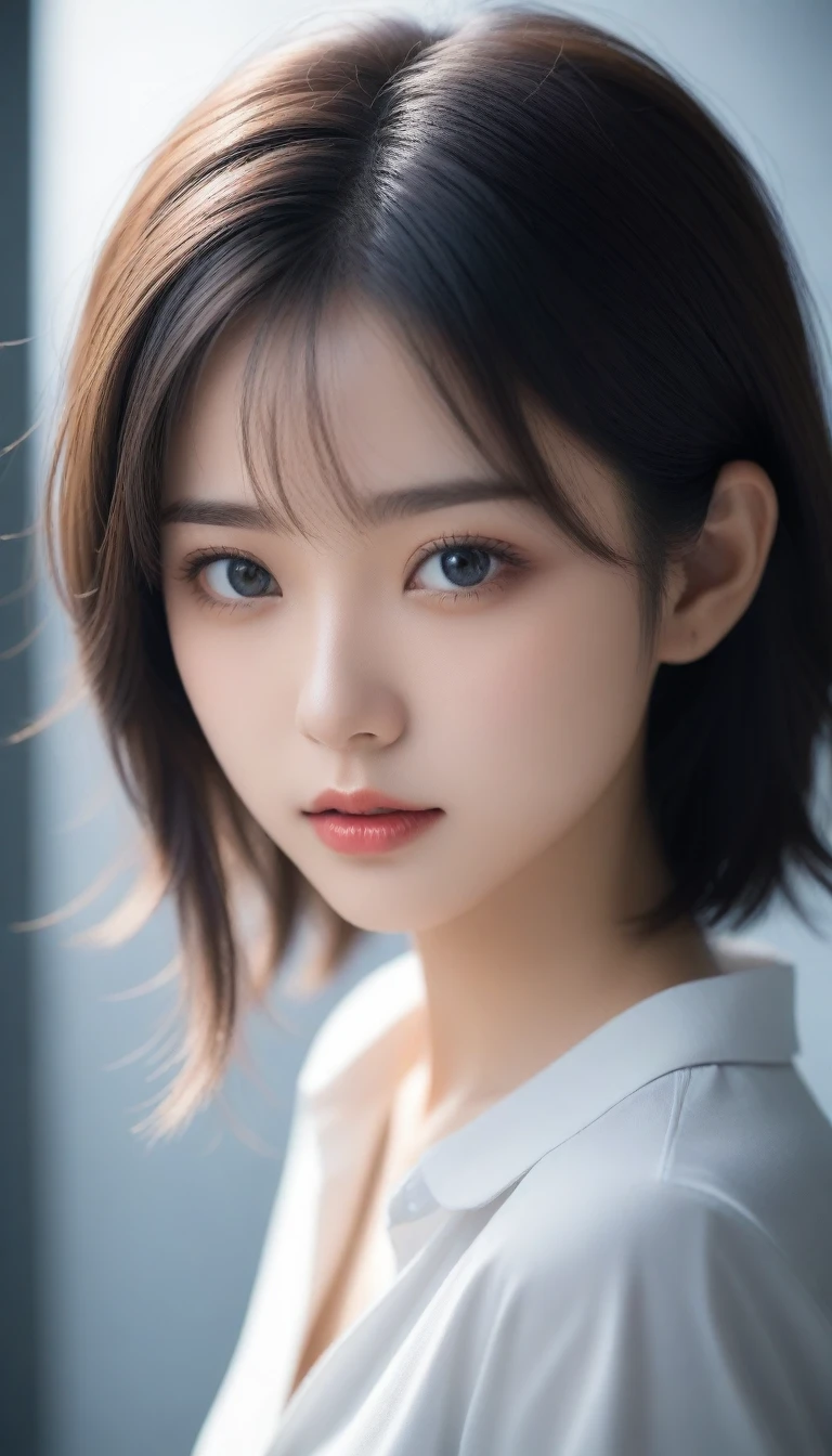 8k, Ultra-high resolution, Highest quality, masterpiece, 三分割法によるphotograph,Surreal, photograph, 1 , (:1.3), cute, cute顔, 細部までBeautiful Eyes, 細かくdetailedに,masterpiece,One Girl:1.2,Japanese women,student,cowboy shot,glaring,Black short hair,messy hair,(Dirty uniform:1.3),Leaning against the wire mesh,Glare,Blue Collar,Factory wall,(Beautiful attention to detail),Subtle details, detailedな顔,anger,Attractive eyes,(ポートレートphotograph:1.4),(Photorealistic images:1.4),Fantasy art,(Beautiful Face:1.4),美しくAttractive eyes、Beautiful Eyes、Grayscale 16Bits,(Tight waist:1.4)、(Beautiful with perfect body proportions:1.4),Pink Lips,Looking at the audience,(((Ideal body type))),A-cup small breasts :2,、Portraiture:2、Perfect Anatomy、鮮明なdetailed、detailed,Fashion magazine cover,Thin lips,完璧でBeautiful Face ,完璧でcute顔, Skin with attention to detail, Perfect limbs、Narrow waist,Surreal,Light and shadow,backlighting