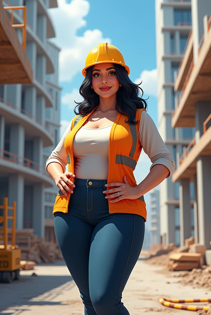 Female architect with white skin, gorda, with dark hair with yellow, hull, on construction site, cheered up.