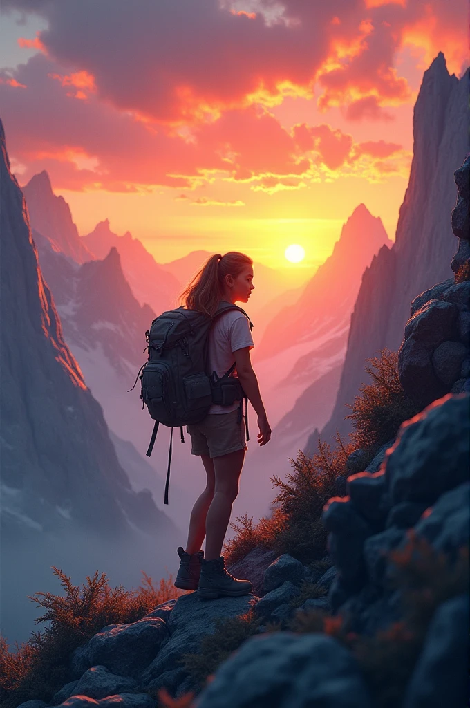 • A girl climbing a mountain with a sunrise in the background.