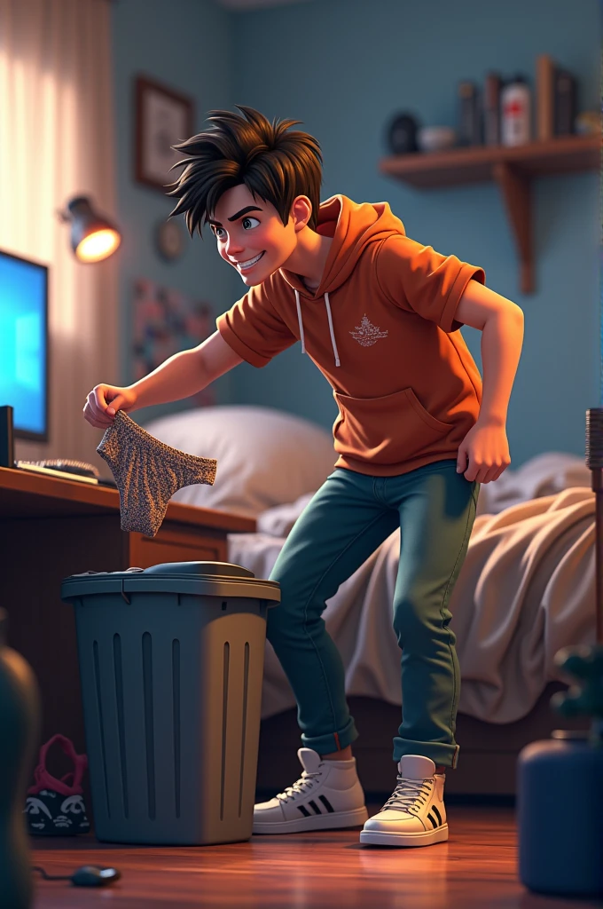A teenage man at his gamer friend&#39;s house throwing his gamer friend&#39;s underwear in the trash