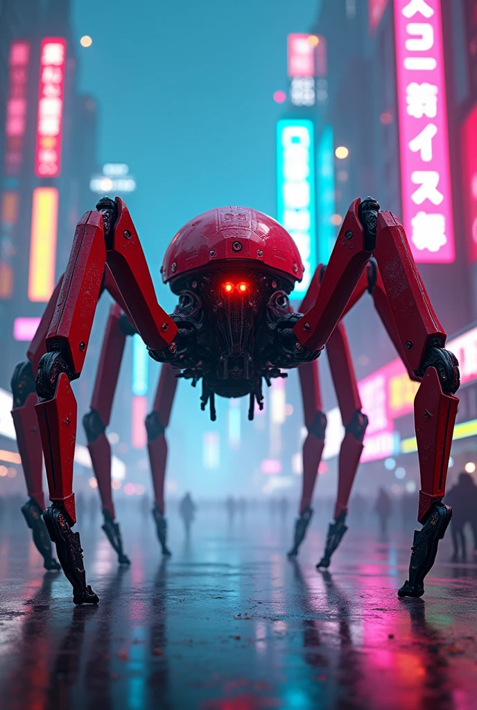 Giant spider in red cyborg costume (8 legs) with glowing red eyes walking in cyberpunk neon city with blue and pink leon lights