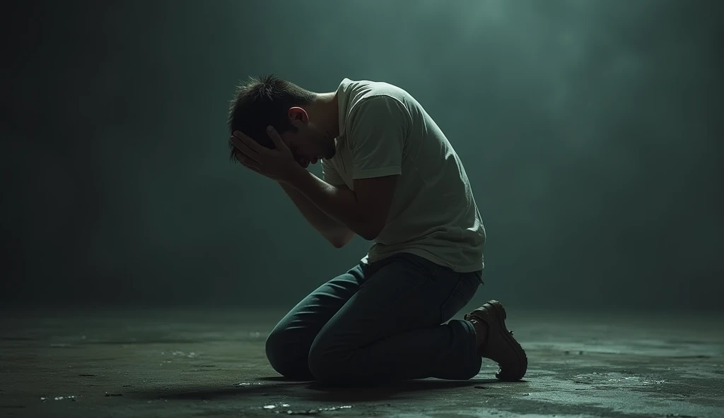A young man regrets something he did and expresses his regret by sitting on his knees with his hands raised in the air and praying.