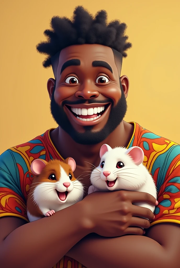 A young adult obese black man with very short curly hair smiling a lot and wearing a Brazilian shirt holding two hamsters, one with white fur and red eyes and the other with dark brown fur and black eyes