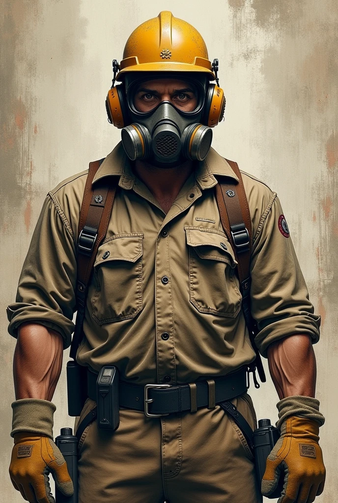 Drawing of a man with boots, glove, Ear Protector and Mask