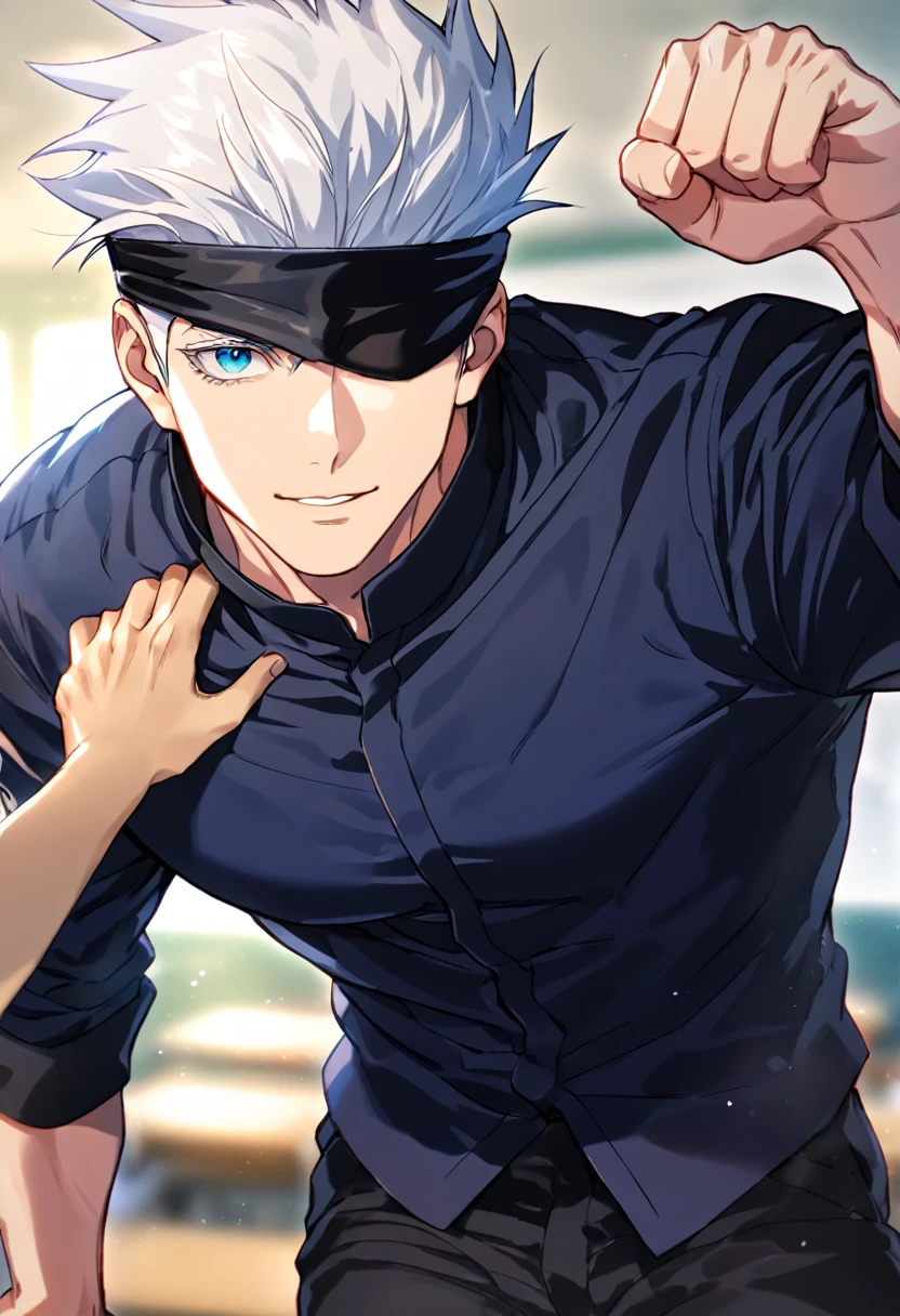 Ultra detailed, HDR, Highres, absurdres, masterpiece, best quality, solo focus, Gojou Satoru, white hair, black blindfold, covered eyes, white large shirt, black pants, Jujutsu Kaisen, sexy man, handsome, classroom, handsome, sensual, solo, manly, man, kabedon, looking at viewer