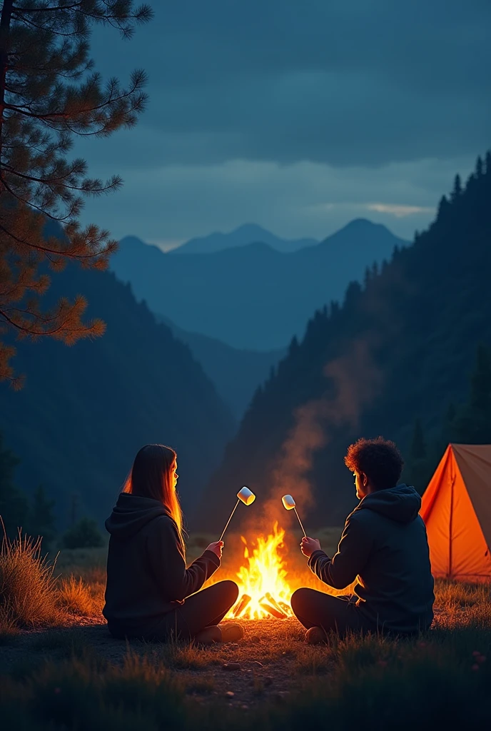A woman and a man sitting around a campfire at night, eating marshmallows in a valley, with a tent next to it