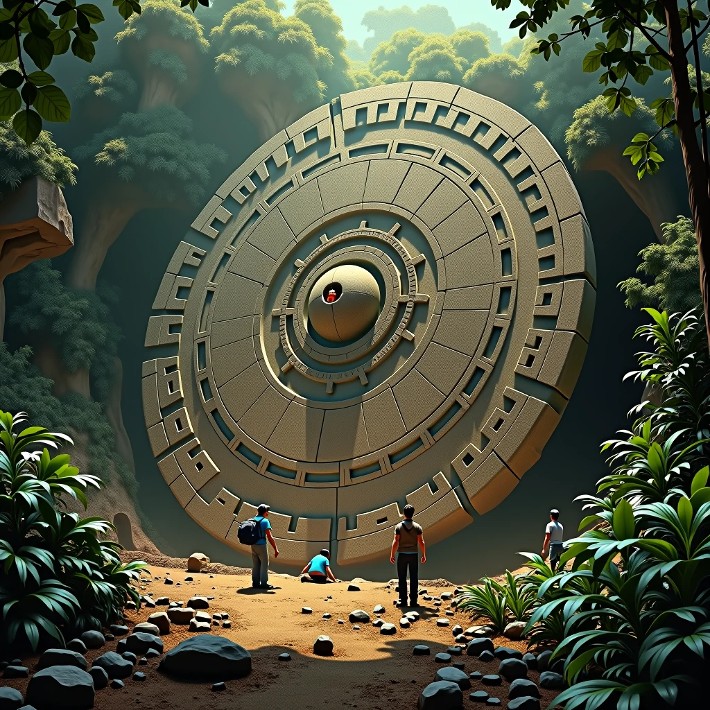 a giant ancient sculpted stone disc being discovered from ground by archaeologists in a jungle ruins environment, highly detailed, ultra-detailed, (best quality,4k,8k,highres,masterpiece:1.2),ultra-detailed,(realistic,photorealistic,photo-realistic:1.37),HDR,UHD,studio lighting,extremely detailed stone texture,extremely detailed jungle foliage and environment,extremely detailed archaeological discovery,dramatic lighting,warm color tones,cinematic