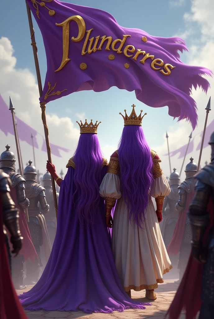 A purple haired man with a crown and a purple haired woman with a crown, holding the detailed flag with the word Plunderes in his hands and behind him his army of warriors