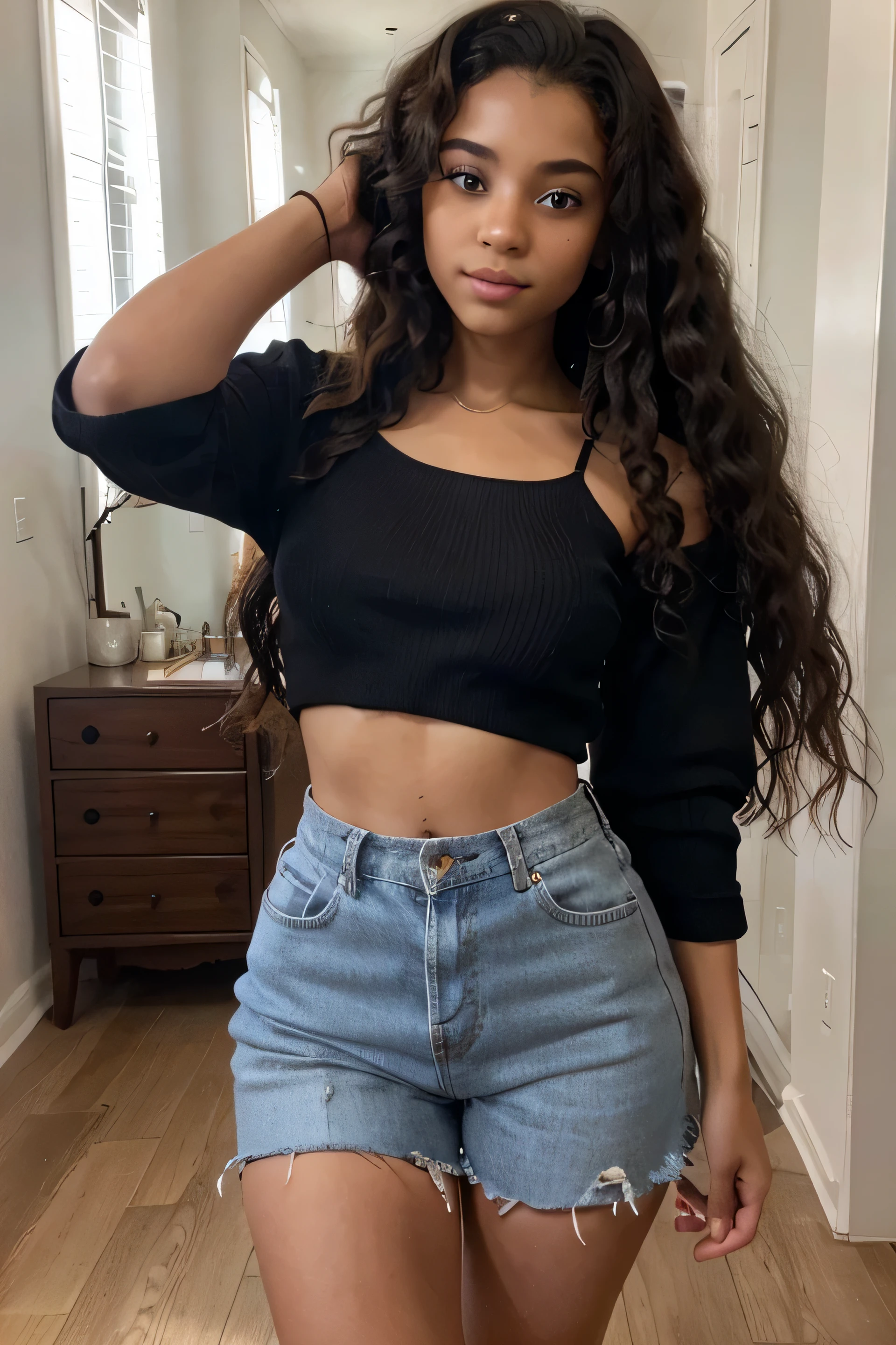 Selfie taken by the pretty  black girl, blue eyes and long curly hair with a beautiful figure and nice clothes