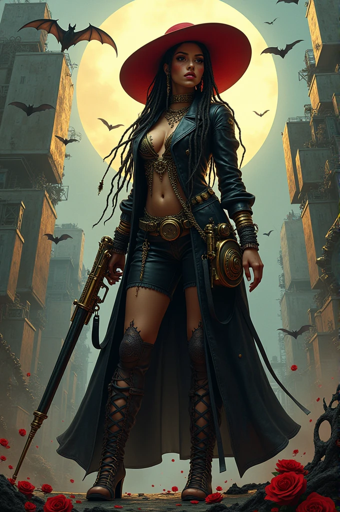 A steampunk Gothic makeup woman with dreadlocks, long red hat and accessories, cheerful & cheerful with a calm, mysterious expression, wearing a long flowing black jacket standing in the middle of a spooky Gothic cityscape. Sexy and wild pose. The background combines cubic skyscrapers, bats, fractal matchcore, mechanics, big gears, macha balls, geometry with a touch of surreal. The color scheme contrasts with metallic silver and gold. The final touch: a long-barreled gun in her hand, vibrant, vivid, realistic