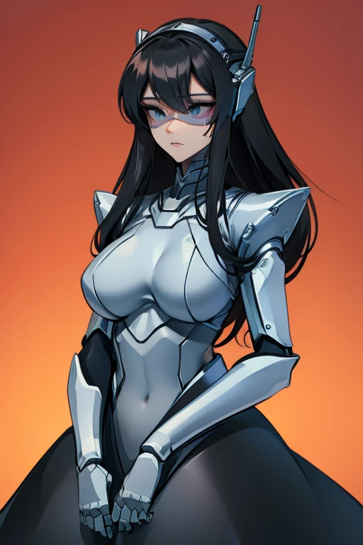 empty eyes,robotization,woman ,big bust,Robot Joint ,Metal skin,Black Suit,long hair,a black suit that covers the whole body