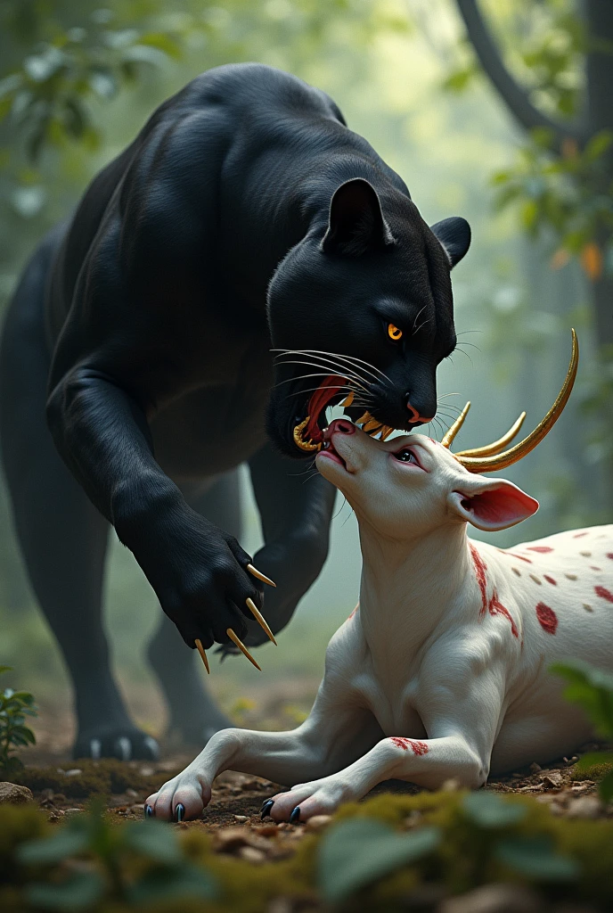 Black panther biting a white dear that it atacked