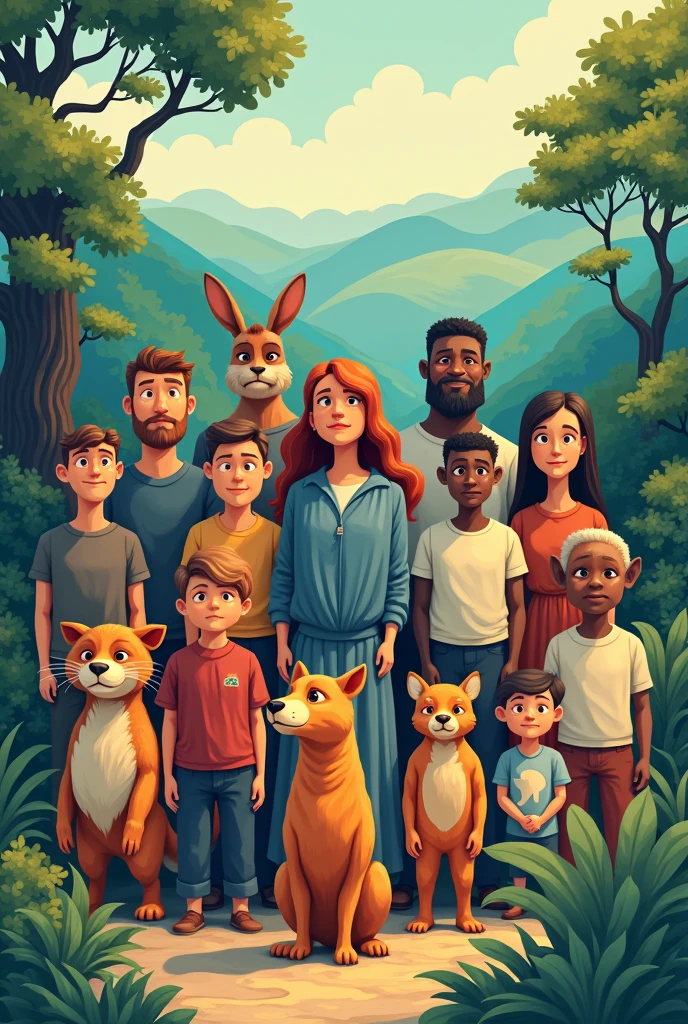 Image for cover put title: ethic, nature and societies and some people animals. Design as , characters looking ahead and colorful landscape. Animated design