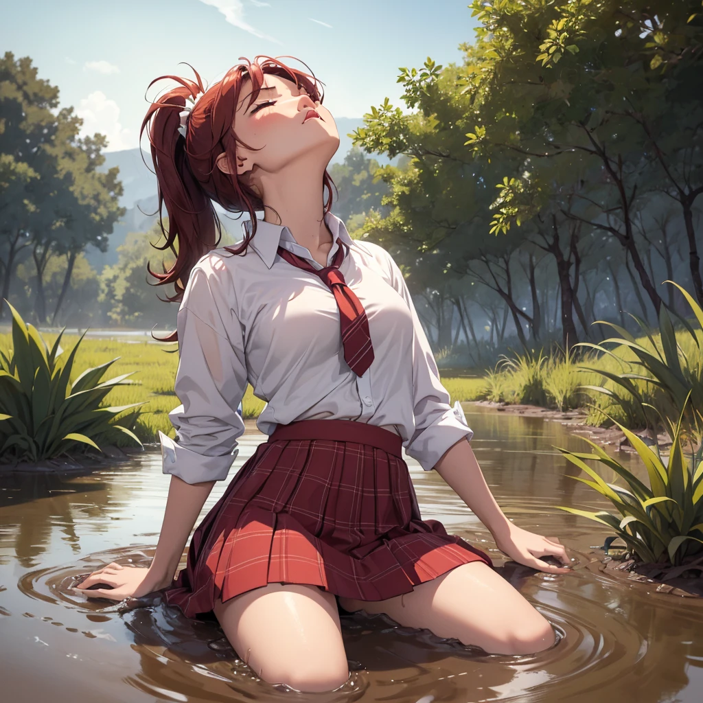 1girl, solo:1.5, masterpiece, best quality, high res, highly detailed, (illustration), beautiful detailed eyes, yuigahama yui, red hair ponytail, glossy lips, light makeup, orgasm, (looking up to the sky:1.5), (mouth open:1.2), intimate moment, school shirt, red skirt, (quicksand:1.4), (submerged up to her torso), (from side:1.4), bog, swamp, grass, trees, (eyes closed:1.3),