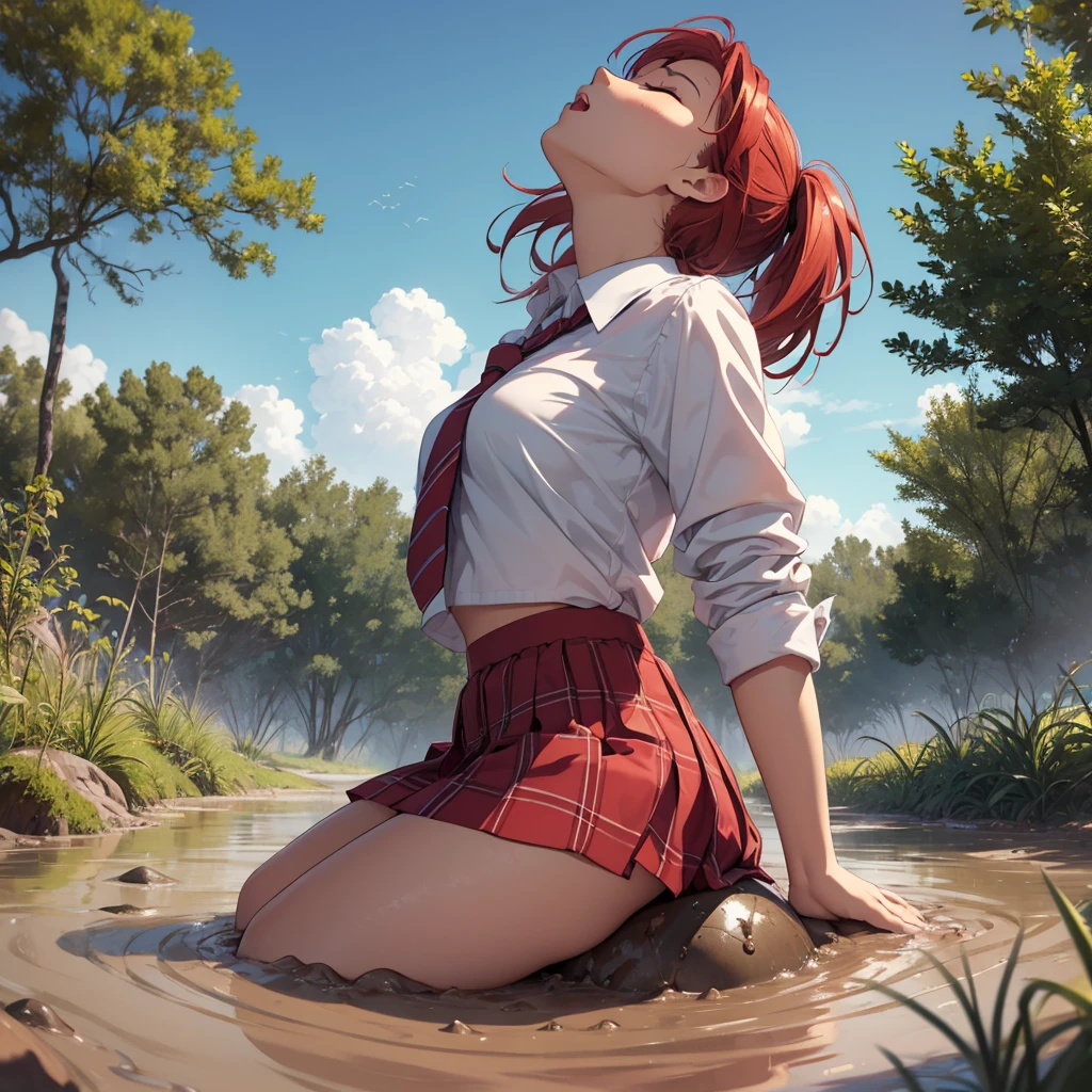 1girl, solo:1.5, masterpiece, best quality, high res, highly detailed, (illustration), beautiful detailed eyes, yuigahama yui, red hair ponytail, glossy lips, light makeup, orgasm, (looking up to the sky:1.5), (mouth open:1.2), intimate moment, school shirt, red skirt, (quicksand:1.4), (submerged up to her torso), (from side:1.4), bog, swamp, grass, trees, (eyes closed:1.3),