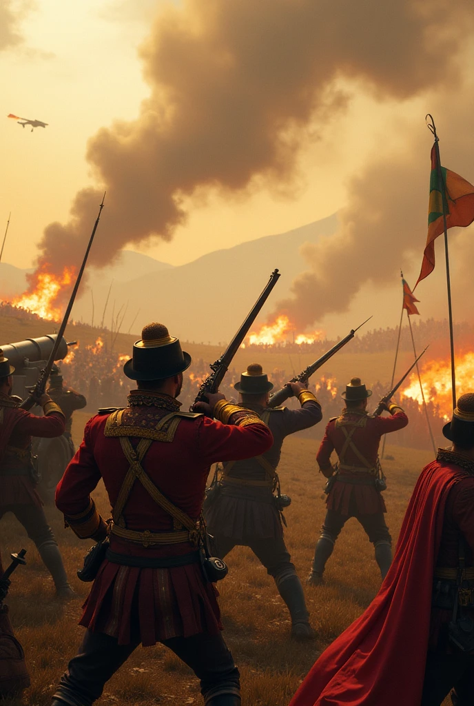 17th century Mexican soldiers in battle shooting and with artillery fire 
