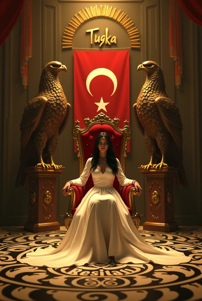 LET IT BE A PLACE WITH BLACK LIGHTS. THERE SHOULD BE EAGLES ON THE RIGHT AND LEFT, AND THERE SHOULD BE THE QUEEN'S SEAT IN THE CENTER. LET THERE BE A TURKISH FLAG IN THE PHOTO. A 23-YEAR-OLD WOMAN WITH BLACK HAIR IS SITTING IN THE ROYAL SEAT. THE LADY'S DRESS MUST BE WHITE. "TUGBA KALAN" SHOULD BE WRITTEN ON THE WALL WITH A 3D LOGO. THE COLOR SHOULD BE GOLDEN YELLOW. THERE MUST BE CARPET ON THE FLOOR AND IT SHOULD BE IN BLACK AND WHITE COLOR. IT SHOULD WRITE "BESIKTAS" ON IT.