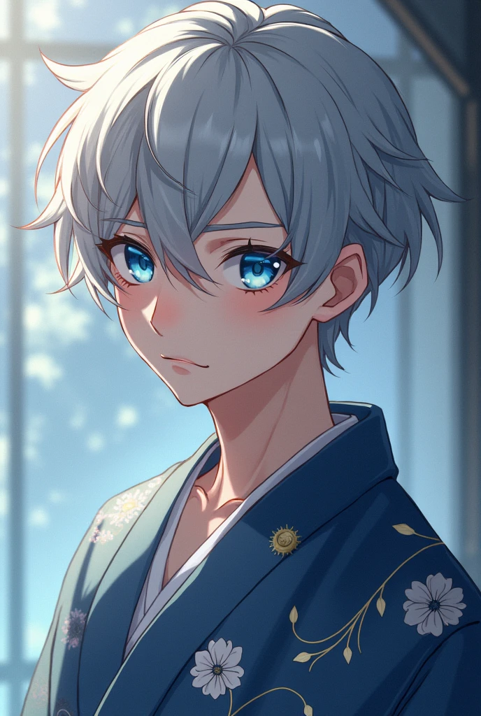 Gray Hair、blue eyes、Beautiful Boy、、Handsome、yukata