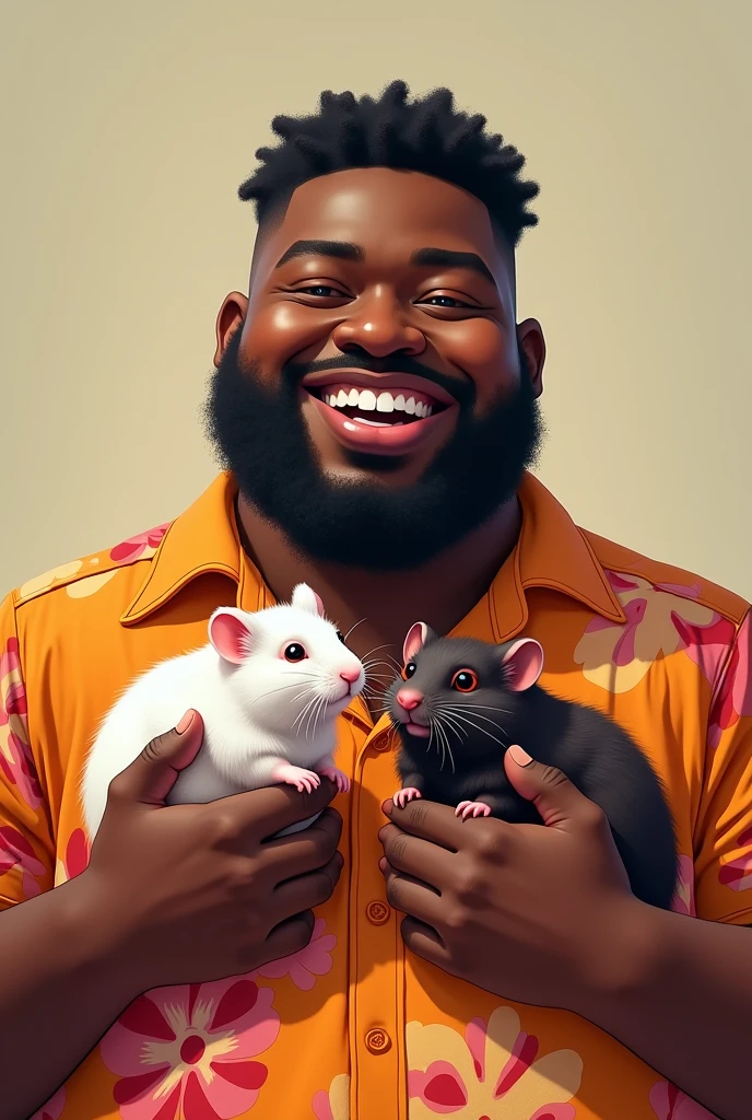 A young adult obese fat black man with very short curly hair and no beard smiling a lot and wearing a Brazilian shirt holding two hamsters, one with white fur and red eyes and the other with dark brown fur and black eyes