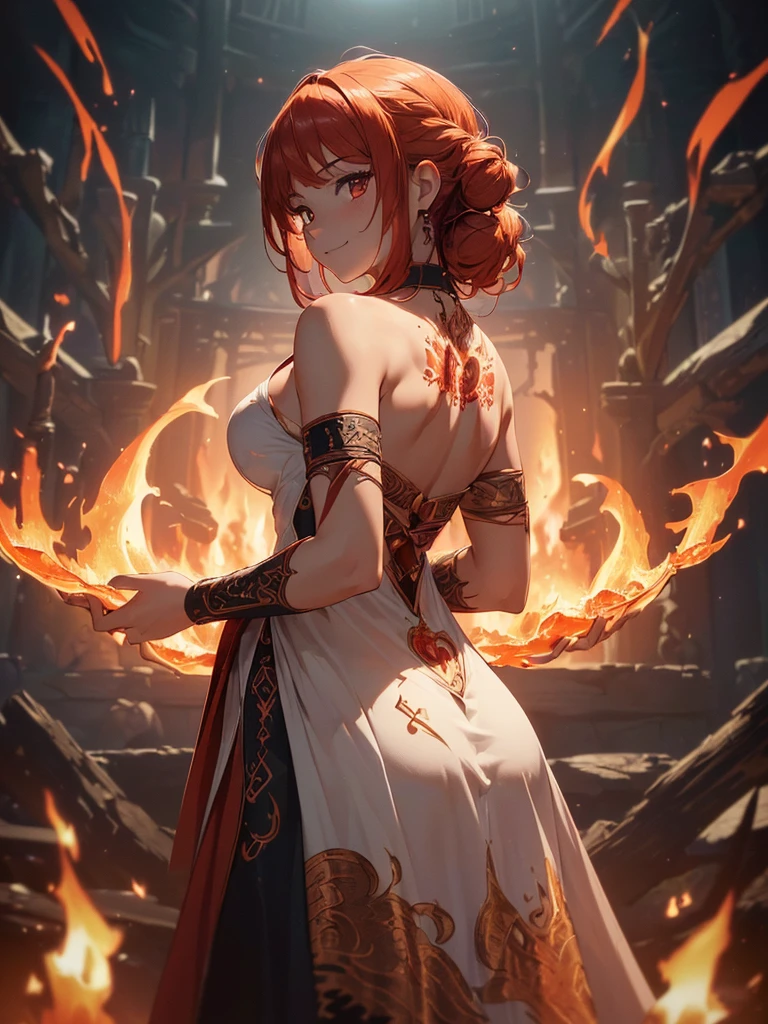 (((best quality, sharp image, clear image, cinematic lighting, 8k resolution, masterpiece, ultra detailed, intricate))) Girl, (((looking over left shoulder))), (shot from behind), fire mage, ((intricate background)), ((chaotic background)), red hair, smiling, ((flame runes, flame sigils)), (tatoo on back), slim figure, flying sigils, long dress