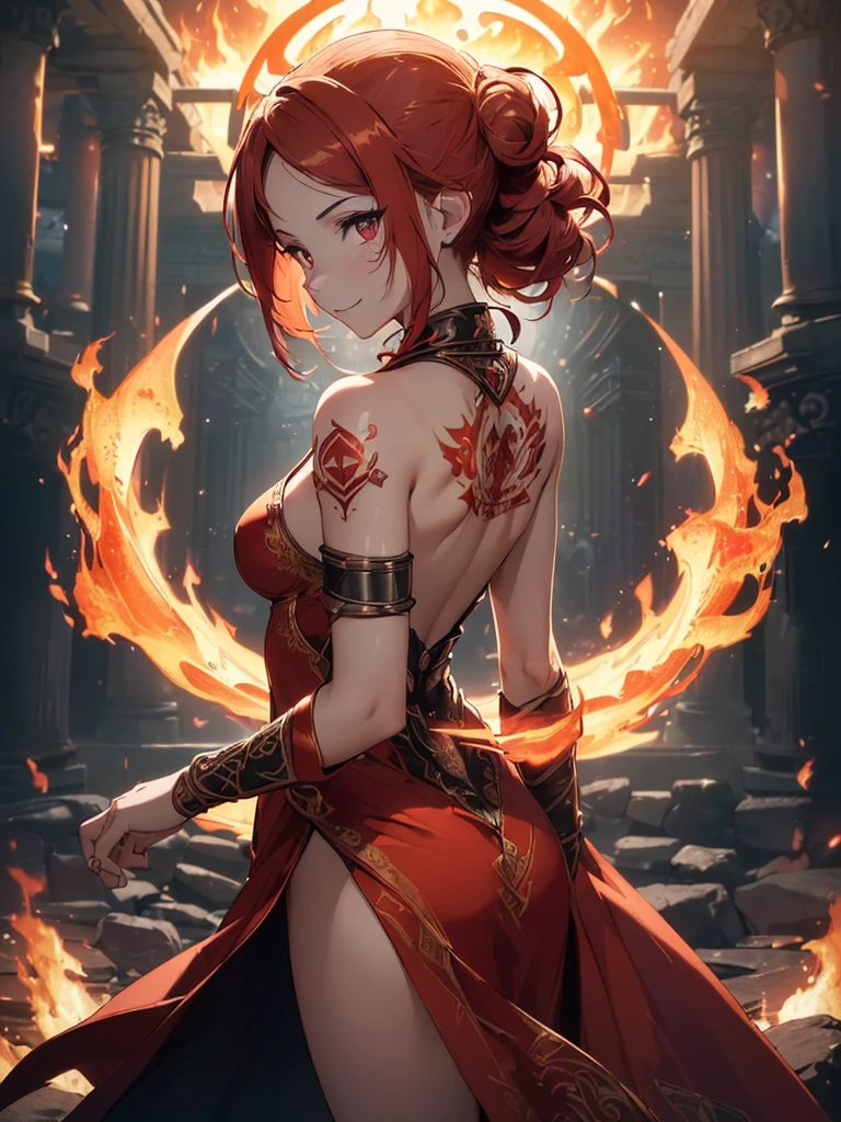 (((best quality, sharp image, clear image, cinematic lighting, 8k resolution, masterpiece, ultra detailed, intricate))) Girl, (((looking over left shoulder))), (shot from behind), fire mage, ((intricate background)), ((chaotic background)), red hair, smiling, ((flame runes, flame sigils)), (tatoo on back), slim figure, flying sigils, long dress