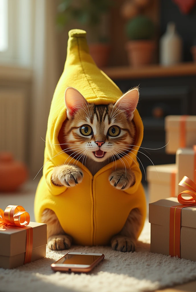 Make a cat out of a banana suit, and inside the gift he finds a cell phone and is happy
