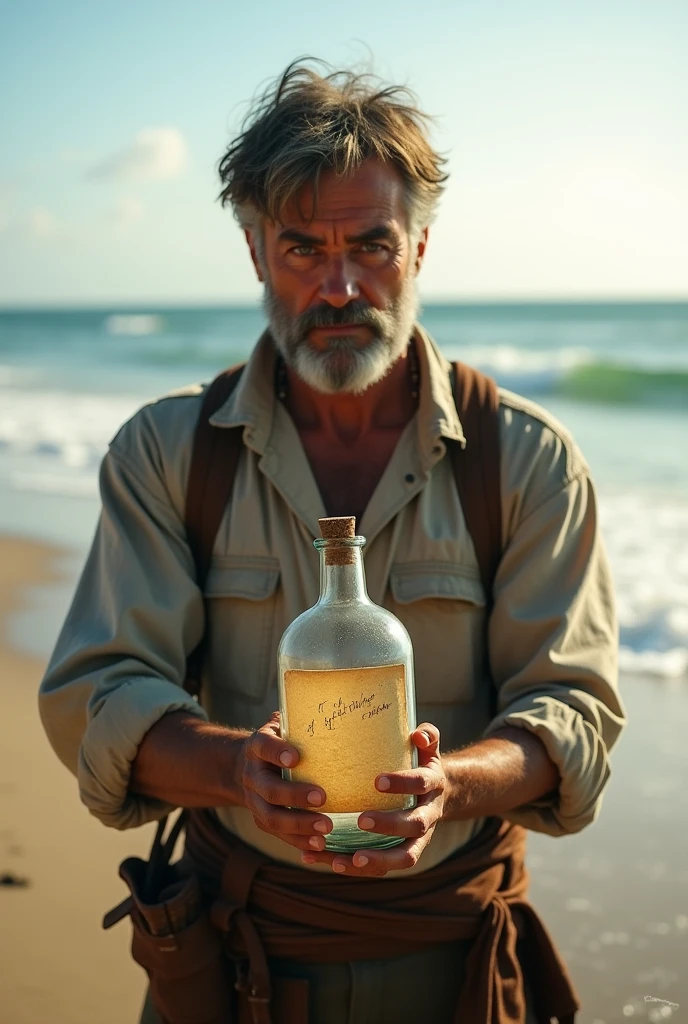 Man holding a letter inside a bottle on the beach