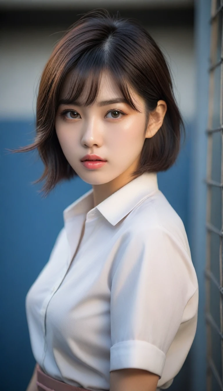 8k, Ultra-high resolution, Highest quality, masterpiece, 三分割法によるphotograph,Surreal, photograph, 1 , (:1.3), cute, cute顔, 細部までBeautiful Eyes, 細かくdetailedに,masterpiece,One Girl:1.2,Japanese women,student,cowboy shot,glaring,Black short hair,messy hair,(Dirty uniform:1.3),Leaning against the wire mesh,Glare,Blue Collar,Factory wall,(Beautiful attention to detail),Subtle details, detailedな顔,anger,Attractive eyes,(ポートレートphotograph:1.4),(Photorealistic images:1.4),Fantasy art,(Beautiful Face:1.4),美しくAttractive eyes、Beautiful Eyes、Grayscale 16Bits,(Tight waist:1.4)、(Beautiful with perfect body proportions:1.4),Pink Lips,Looking at the audience,(((Ideal body type))),A-cup small breasts :2,、Portraiture:2、Perfect Anatomy、鮮明なdetailed、detailed,Fashion magazine cover,Thin lips,完璧でBeautiful Face ,完璧でcute顔, Skin with attention to detail, Perfect limbs、Narrow waist,Surreal,Light and shadow,backlighting