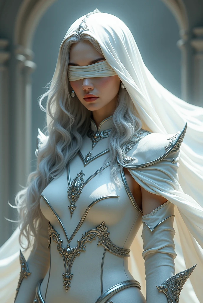 A pale-skinned Aasimar, wavy gray hair, armor in shades of white and silver accessories, eyes covered by a bandage and a transparent veil attached to her head