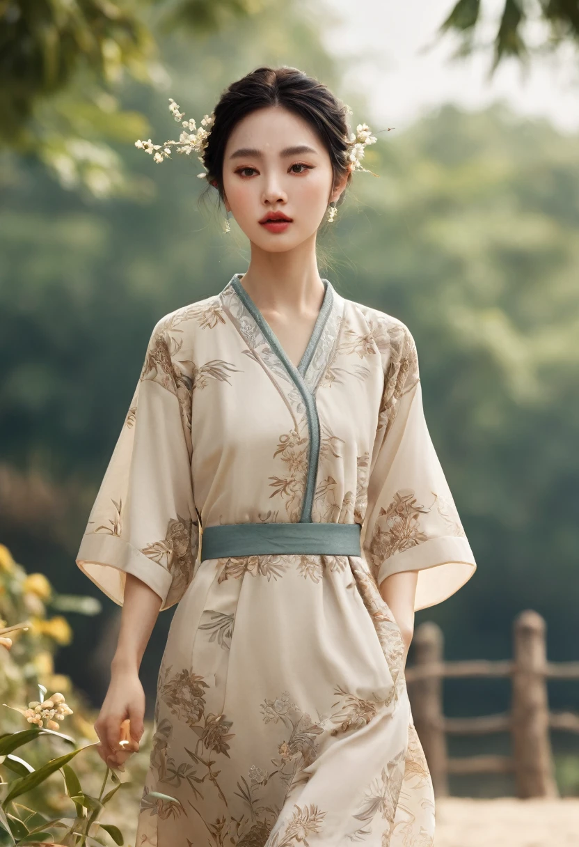 far shot full body, fashion fairytale shot, high camera angle of beautiful Vietnamese girl With its short loose-fitting design, round collar, and large pockets, the áo bà ba is a quintessential Vietnamese garment. Typically made from breathable fabrics like cotton or silk, gorgeous, sophisticated design, bold fashion, impressive pose, oriental Viet Nam background, magical shimmering, flying petals, realistic details, extremely detailed, 8K, super realistic, dynamic pose, cinematic lighting, low vivid, cinematic color tone, super detailed skin, wind blown, falling petals, morning attracted lighting