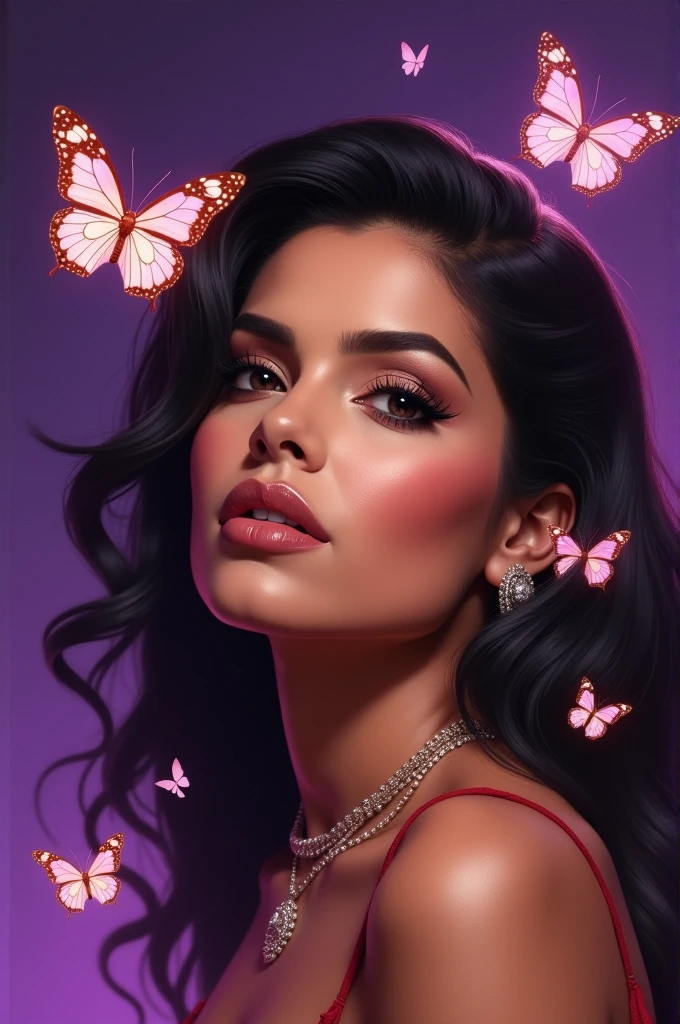 Create an image of Selena Quintanilla,as well as details alluding to it,Also details in purple and butterfly things