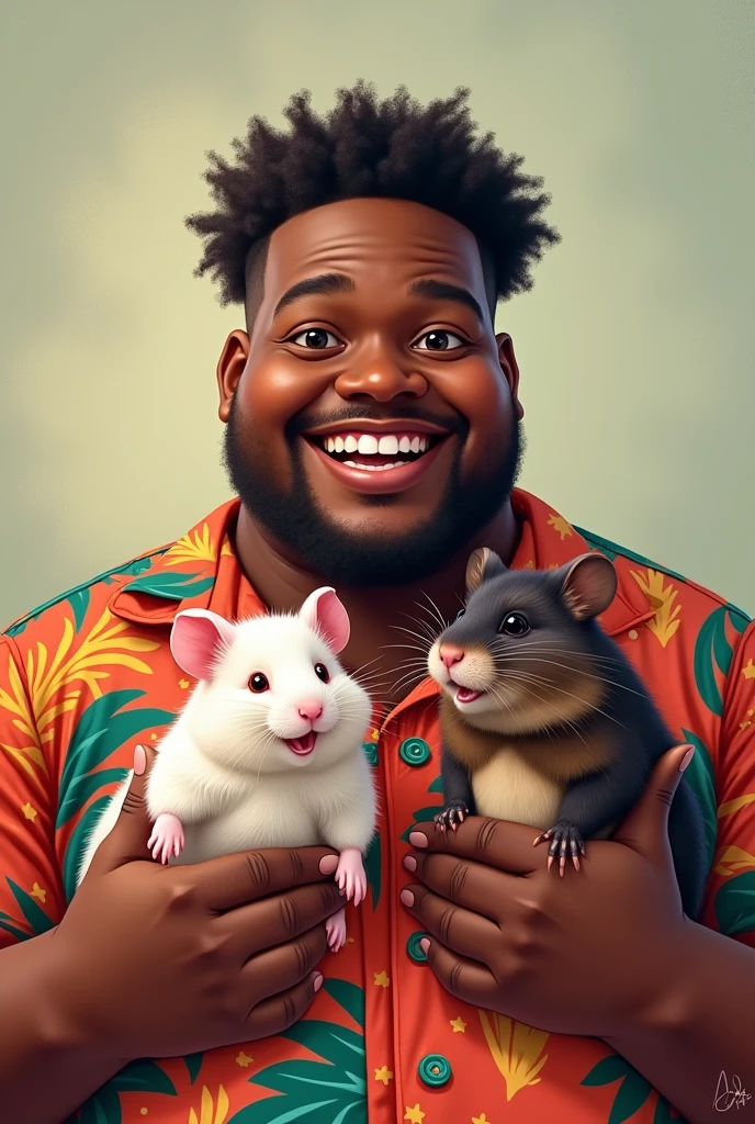 A young adult obese fat black man with very short curly hair and no beard smiling a lot and wearing a Brazilian shirt holding two hamsters, one with white fur and red eyes and the other with dark brown fur and black eyes 