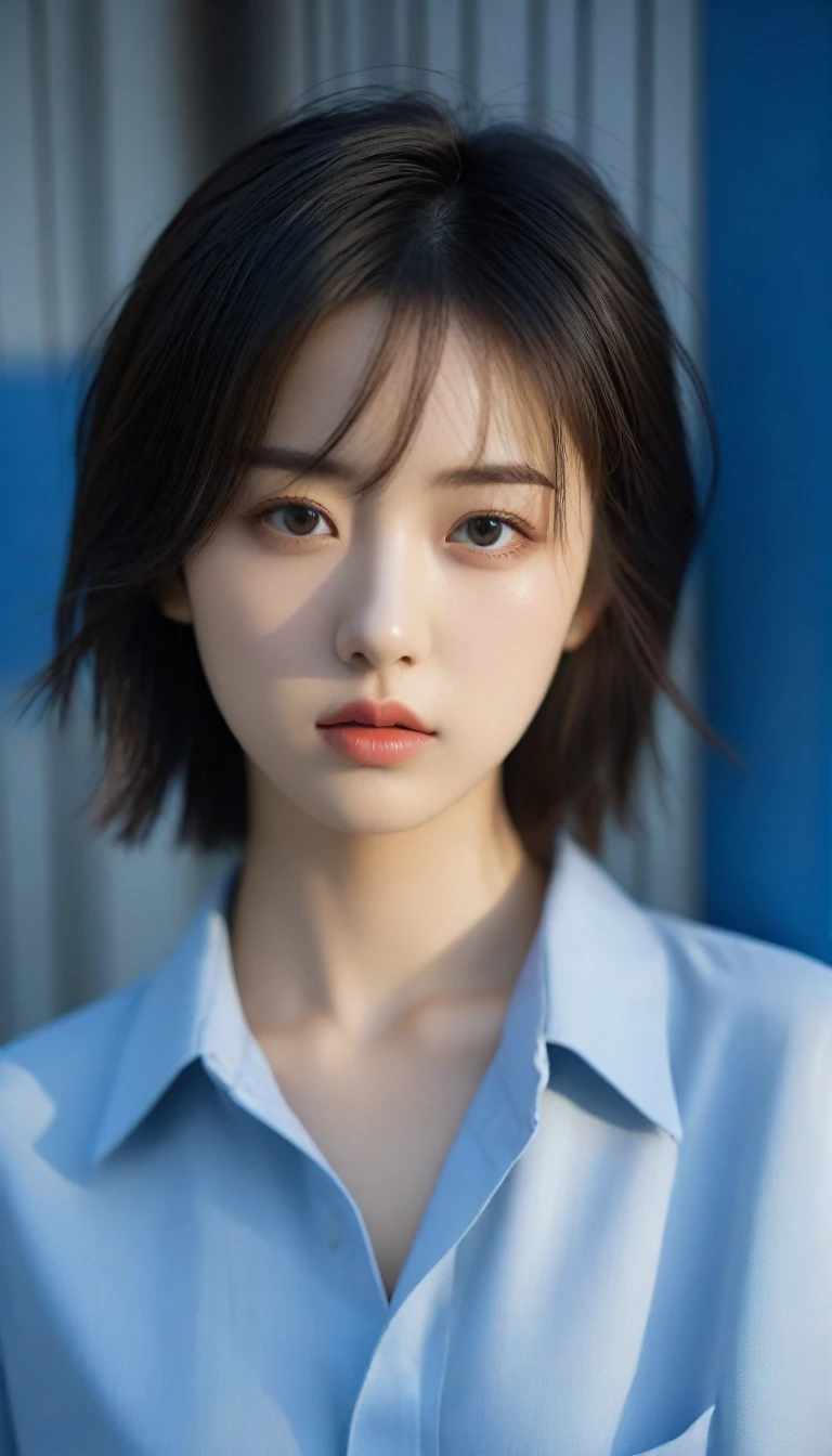 8k, Ultra-high resolution, Highest quality, masterpiece, 三分割法によるphotograph,Surreal, photograph, 1 , (:1.3), cute, cute顔, 細部までBeautiful Eyes, 細かくdetailedに,masterpiece,One Girl:1.2,Japanese women,student,cowboy shot,glaring,Black short hair,messy hair,(Dirty uniform:1.3),Leaning against the wire mesh,Glare,Blue Collar,Factory wall,(Beautiful attention to detail),Subtle details, detailedな顔,anger,Attractive eyes,(ポートレートphotograph:1.4),(Photorealistic images:1.4),Fantasy art,(Beautiful Face:1.4),美しくAttractive eyes、Beautiful Eyes、Grayscale 16Bits,(Tight waist:1.4)、(Beautiful with perfect body proportions:1.4),Pink Lips,Looking at the audience,(((Ideal body type))),A-cup small breasts :2,、Portraiture:2、Perfect Anatomy、鮮明なdetailed、detailed,Fashion magazine cover,Thin lips,完璧でBeautiful Face ,完璧でcute顔, Skin with attention to detail, Perfect limbs、Narrow waist,Surreal,Light and shadow,backlighting