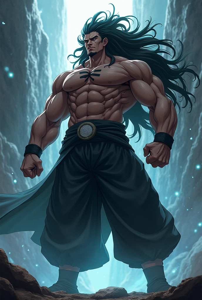 My Hero Academia, male gender body equal in width to Gojo from jujutsu kaisen but with yoruichi kny's hair