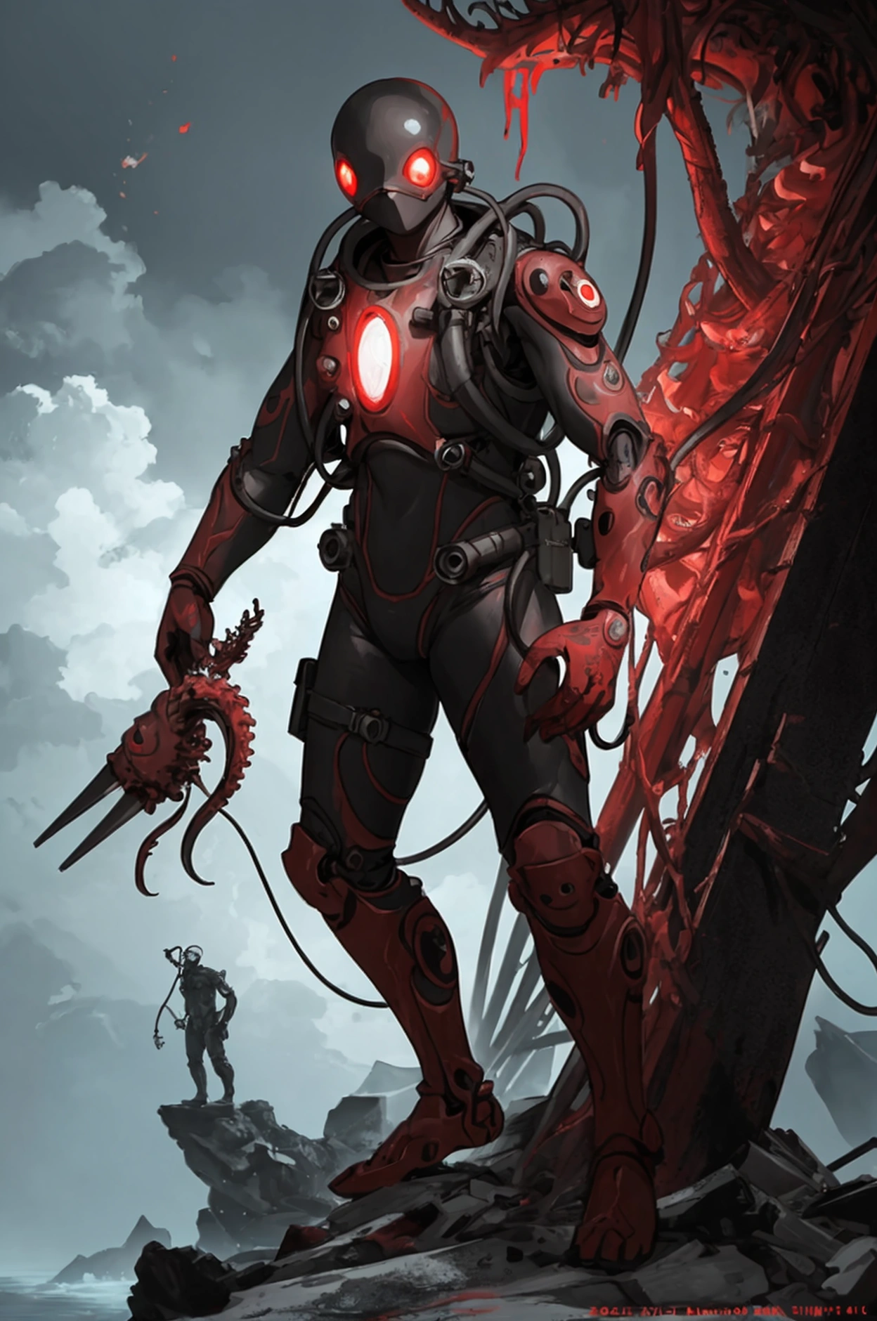 a diver in a broken diving suit, red glowing eyes, tentacles emerging from the suit, standing on a reef holding a harpoon, digital art, cinematicmood, dramatic lighting, highly detailed, intricate, 8k, photorealistic