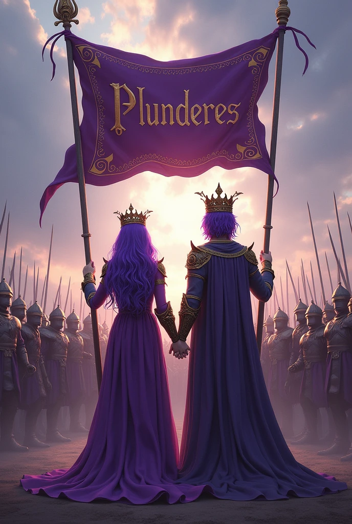 A purple haired man with a crown and a purple haired woman with a crown, holding the detailed flag with the word Plunderes in his hands and behind him his army of warriors