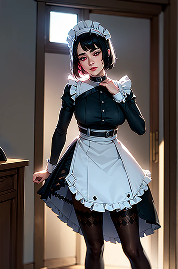 A young girl in realistic portrait of high quality and detail, movie style, Ellen Joe (Zenless Zone Zero), a young girl with short black hair with red tips at the ends. She also has red eyes and makeup. She is wearing a short maid costume, nylon tights, black underpants, high-heeled shoes. She also has a shark's tail on back, big breast, light and peaceful atmosphere, glow, eye shadow, 1girl, fantasy, Depth & Perspective, smiling on her face, Mystical powers, fine face, She stands in the middle of the bedroom, indoors, sunlight from windows, day time, looking at viewer, (ultra-high detail:1.2), Masterpiece, Best Quality, Ultra-detailed, Cinematic lighting, 8K, delicate features, cinematic, 35 mm lens, f/1.9, highlight lighting, global lighting –uplight –v 4, cinematic, Cinematic lighting, 8K, high quality, Highest Quality, (Solo Focus), (extremly intricate:1.3), (Realistic), masterful, Analog style, (Film grain:1.5), (warm hue, cold tone),