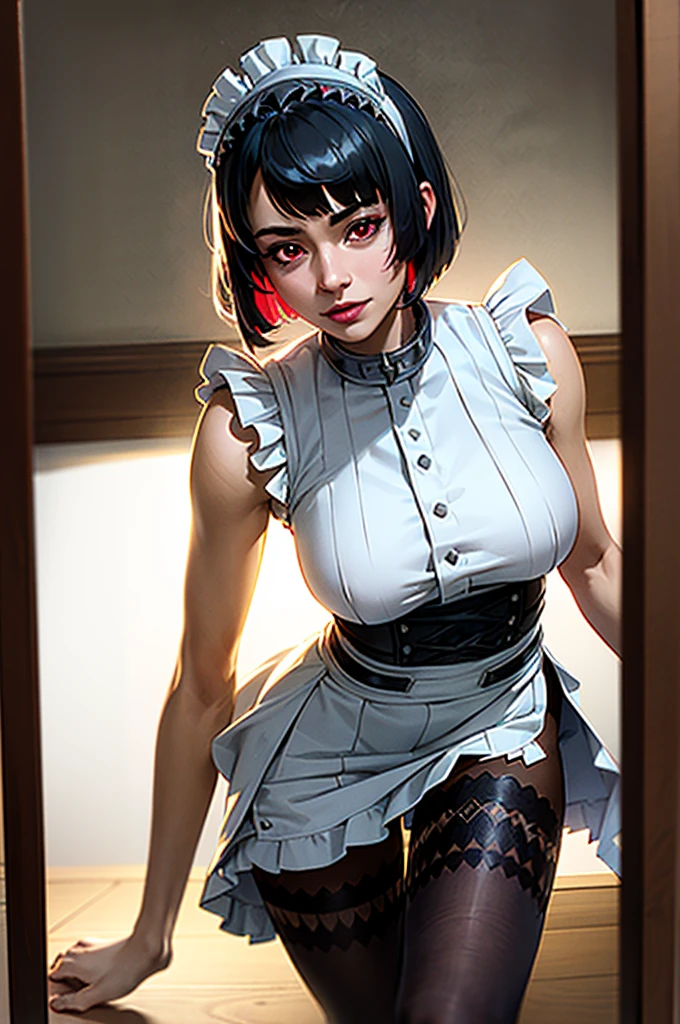 (8k, Realistic, RAW Photos, Highest quality, (from below:2), View your viewers: 1.3), (Fox Girl, Fox Ears, One Girl, Alone on the screen, dark skin, High definition, (boyish, Silver color very short hair), (Blue Eyes):1.4), とてもbeautiful, (Realistic Face), (wet maid apron,( Clothes that are mainly black with red accents:1.5), (Long skirt):1.5), (Body measurements: 88-55-77!, Height is 145 cm, Nice body, Big Breasts, (skirt hold, show off panties), slender, cleavage:1.6), Standing posture, A brilliance that captivates the viewer, beautiful expression, beautiful breasts, (Realistic Skin), beautiful...