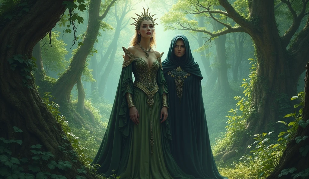 Queen in forest with witch woman