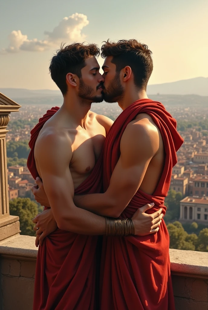 Jeunes romains skinny gays sans barbe qui s'embrassent amoureusement sur la bouche durant la Rome antique sur le Palatin surplombant la Ville de Rome