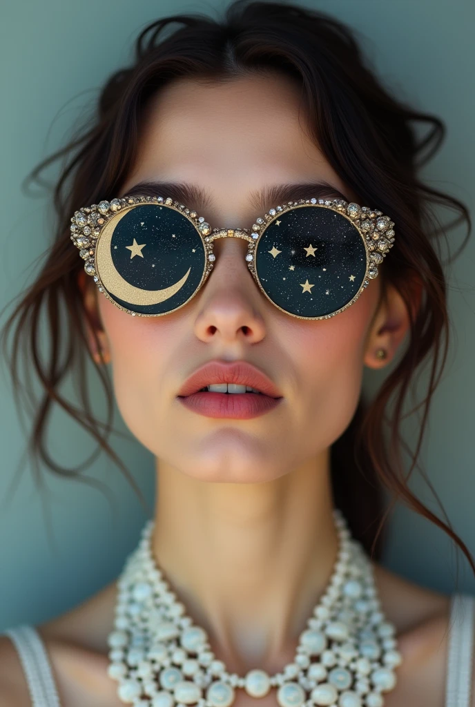 The model is wearing glass sunglasses with stars and the moon on the glass
