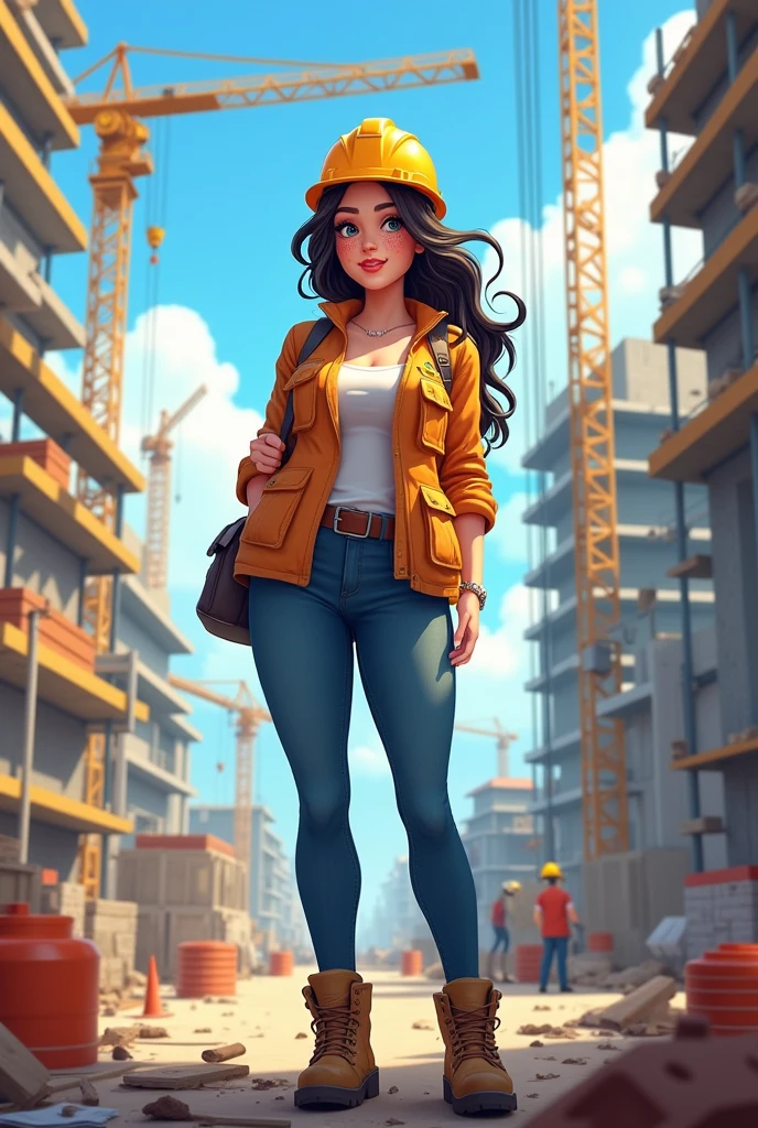 Female architect with white skin, gorda, with freckles on his face, with dark hair with yellow, hull, on construction site, cheered up.