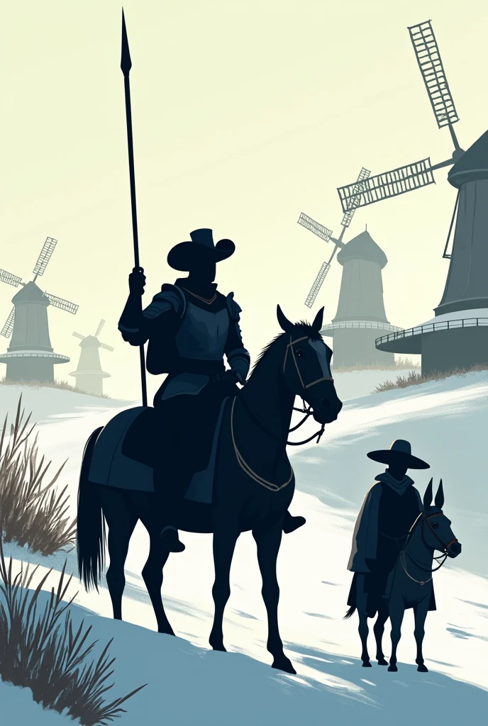 Create an illustration with just the silhouette of Don Quixote, a gentleman in iron armor and a lance on a horse, and his friend Sancho Panza, a short, pot-bellied man wearing a hat on his donkey, in a snowy winter environment.. Remembering that the illustration must take place in 1605 and must have windmills

